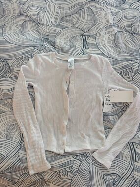 Nordstrom Ribbed Button-Front Long Sleeve Top - White Size M 8/10
